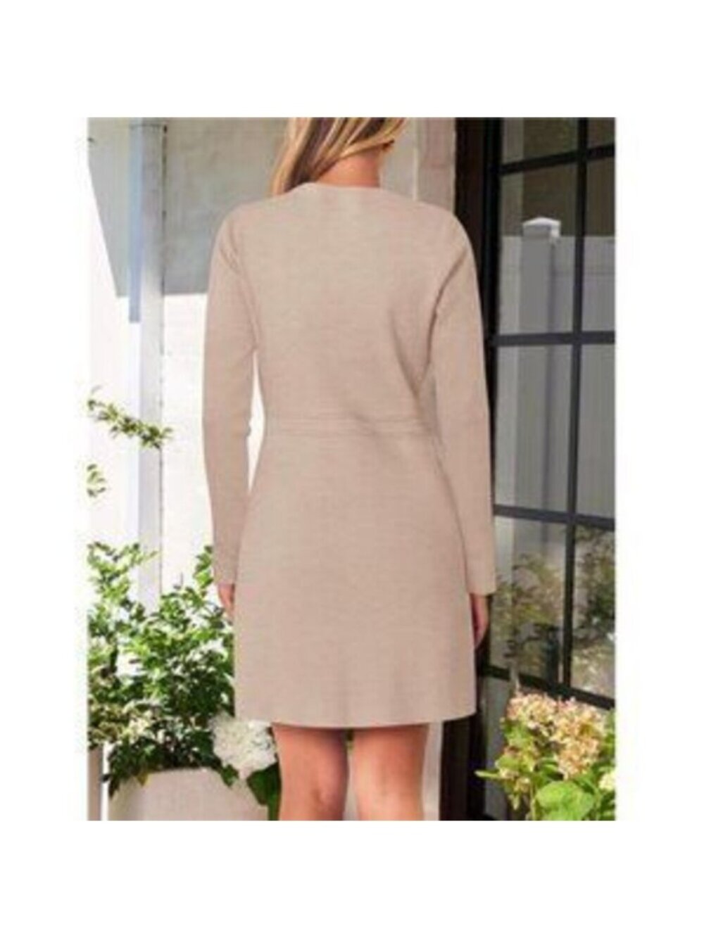 Women's Crew Neck Bodycon Sweater Dress Long Sleeve Button Mini Dress - Picture 4 of 4